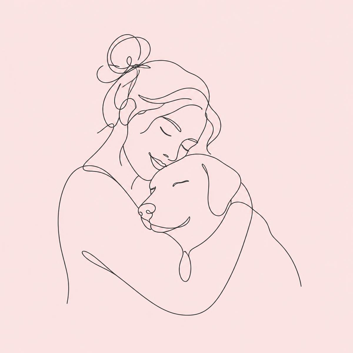 Line-Art einer Frau die einen Hund umarmt